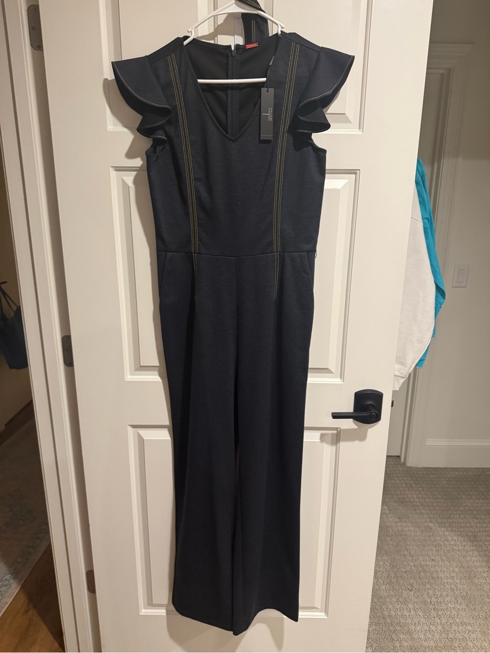 Tahari Denim Jumpsuit with Ruffle Sleeves size 6